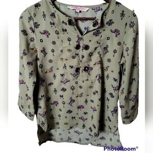 All About You Womens Green Teapot Floral Print Popover Blouse